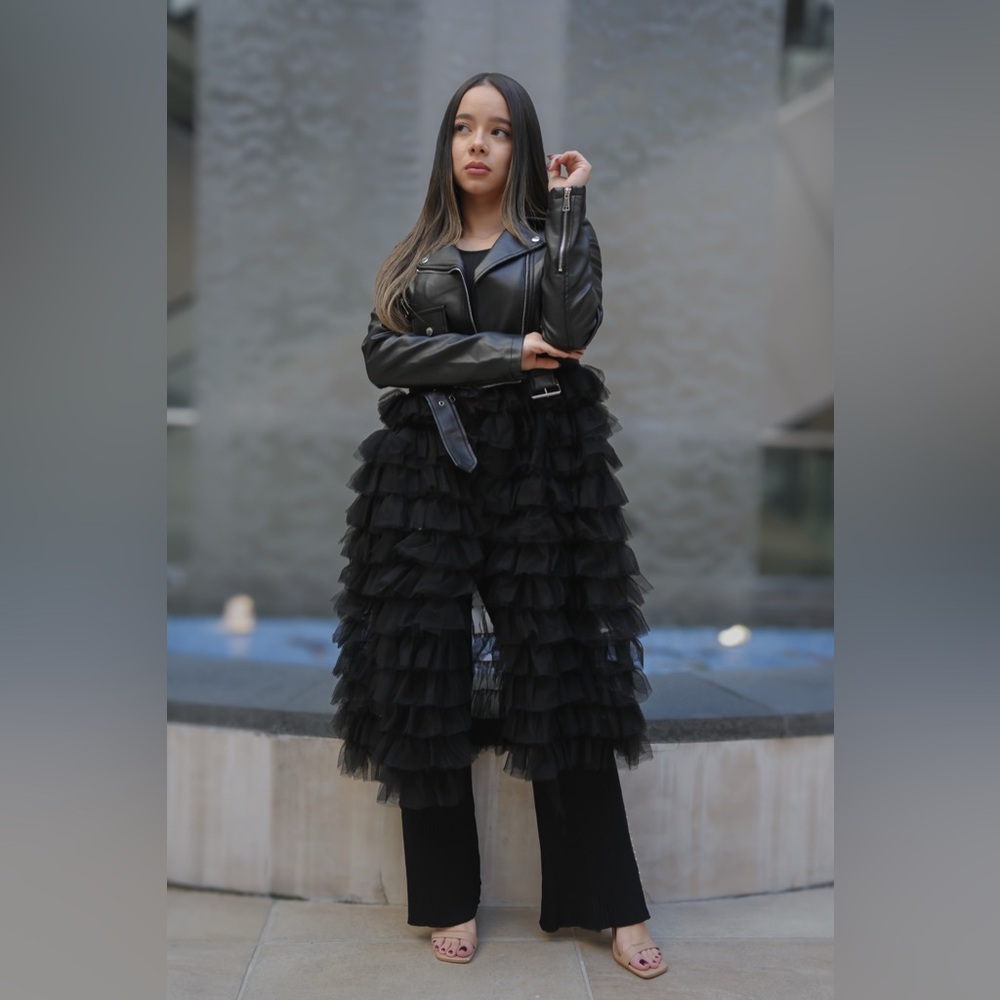Black Ruffled Tulle skirt with Leather Jacket - Picture 3 of 3